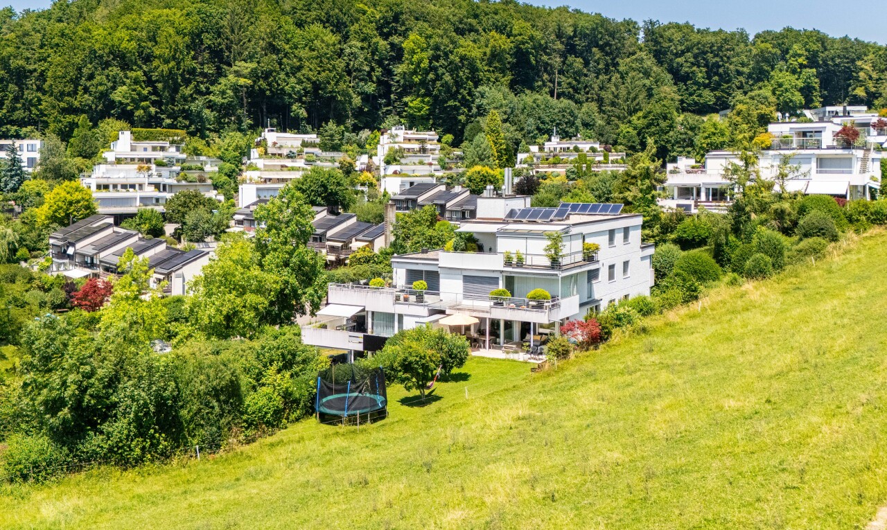 außenansicht mit day time, waldblick, forest view, und rasen