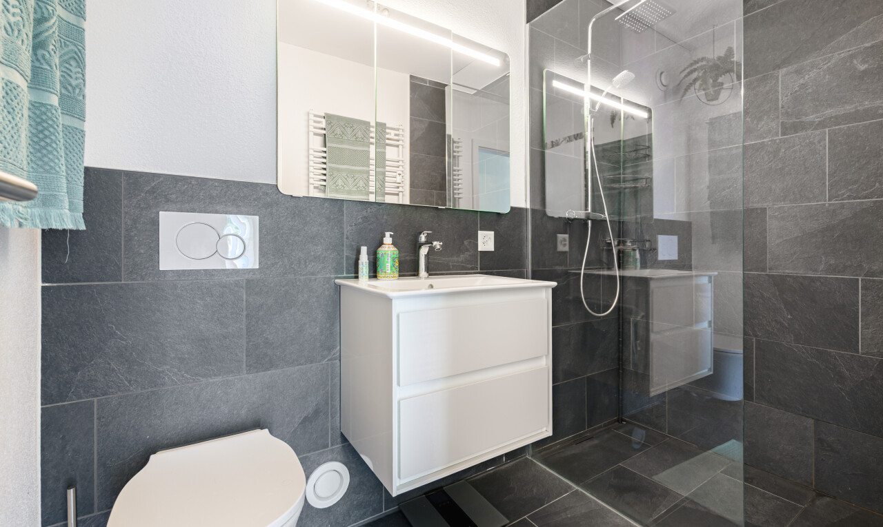 bad mit tile wall, fliesenwand, handtuchwärmer, schminktisch, und inside property