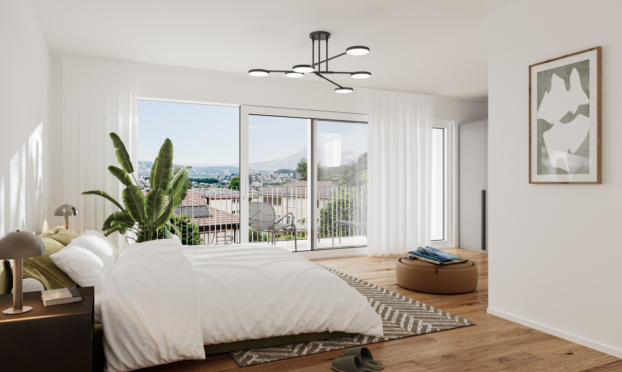 chambre avec lumière naturelle, natural light, inside property, sol en finition bois, et wood finish floor