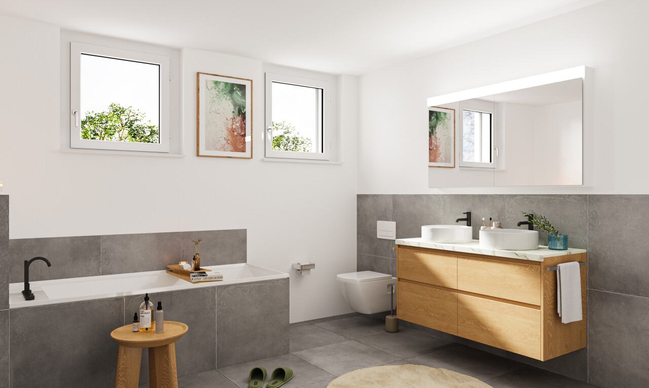 salle de bains avec salle de bain complète, bain, double vasque, inside property, et rendered