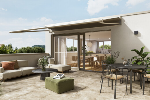 terrasse mit essbereich im freien, wohnraum im freien, day time, rendered, und terrasse