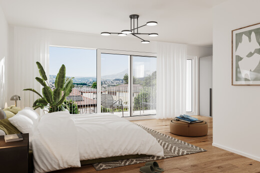 chambre avec lumière naturelle, natural light, inside property, sol en finition bois, et wood finish floor