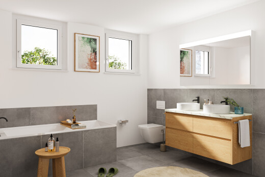 salle de bains avec salle de bain complète, bain, double vasque, inside property, et rendered
