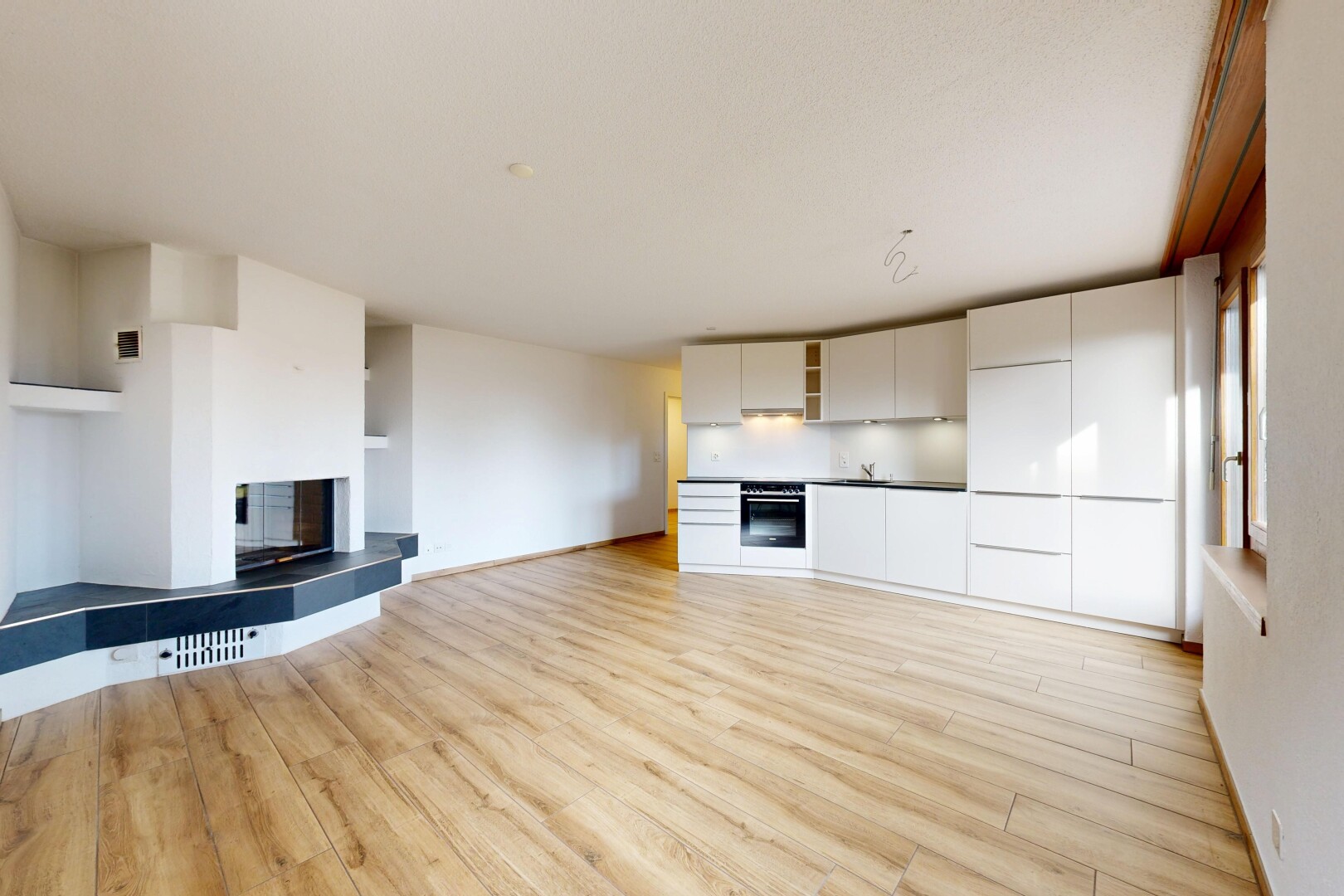 salon avec light floor, sol en finition bois, wood finish floor, inside property, et cheminée
