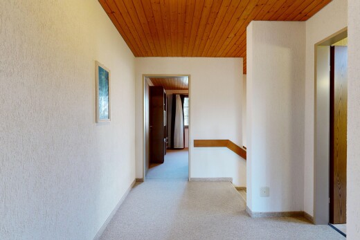 halle / korridor mit inside property, teppich, carpet, holzdecke, und wood ceiling