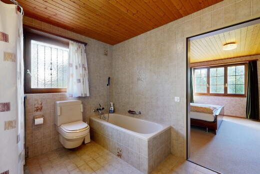 bad mit fliesenwand, tile wall, komplettes badezimmer, natürliches licht, und natural light