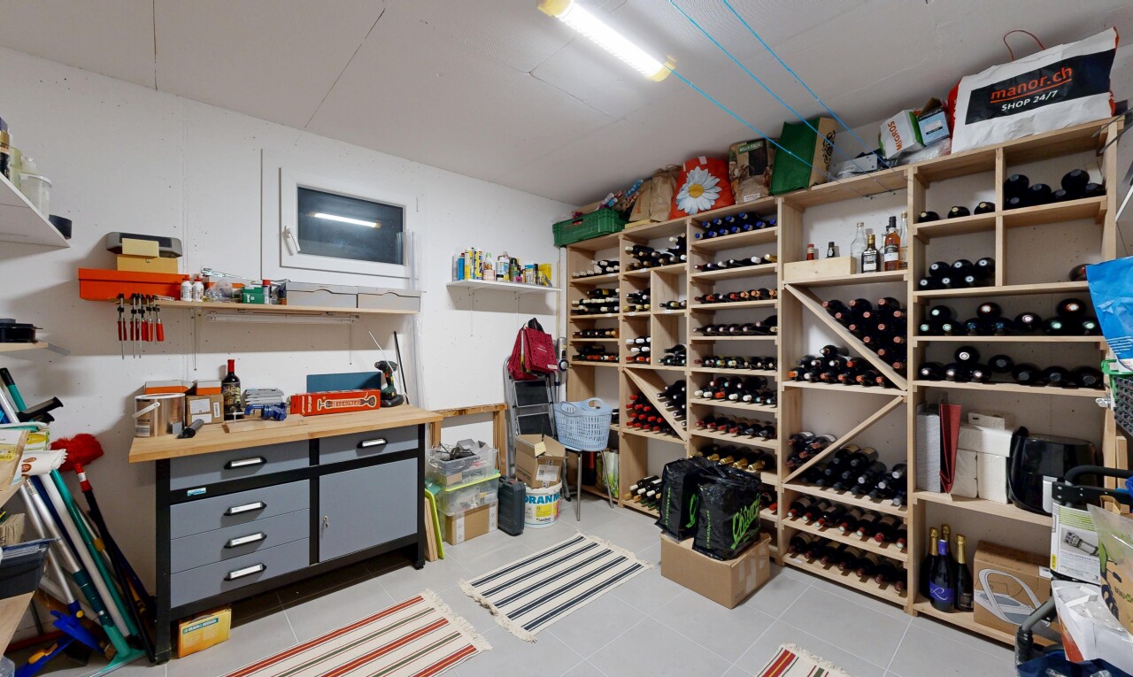 cave avec tile floor, sol en carrelage, drywall, et cloison sèche