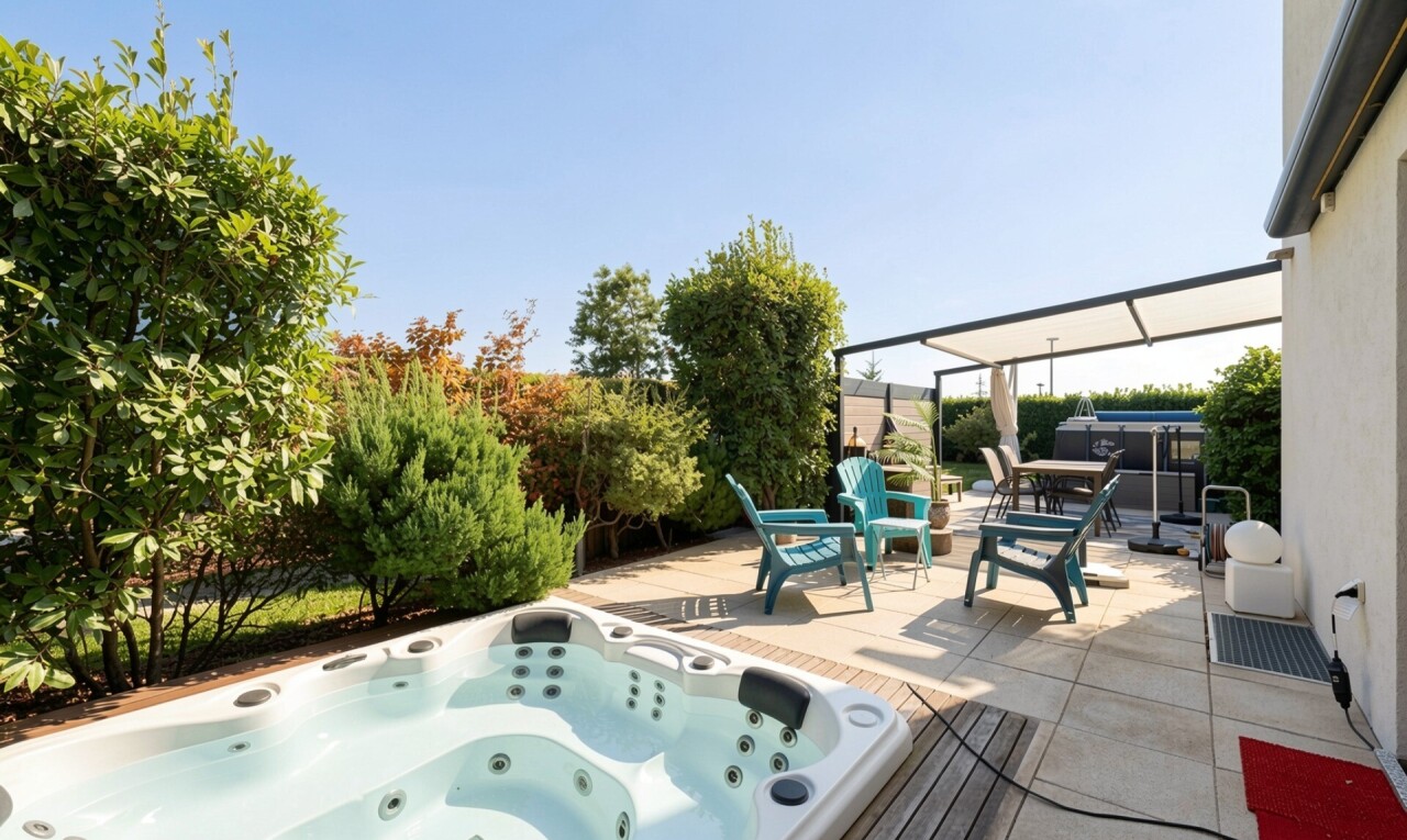 piscine avec bain à remous, from property, terrasse, et day time