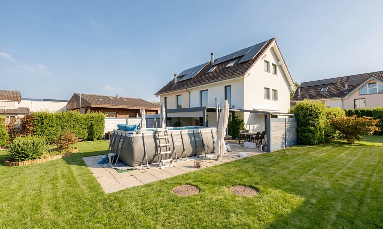 façade avec terrasse, panneaux solaires, property visible, piscine, et pelouse