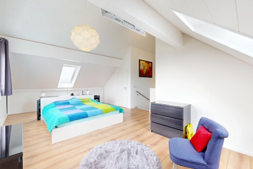chambre avec puits de lumière, sol en finition bois, wood finish floor, plafond voûté, et vaulted ceiling