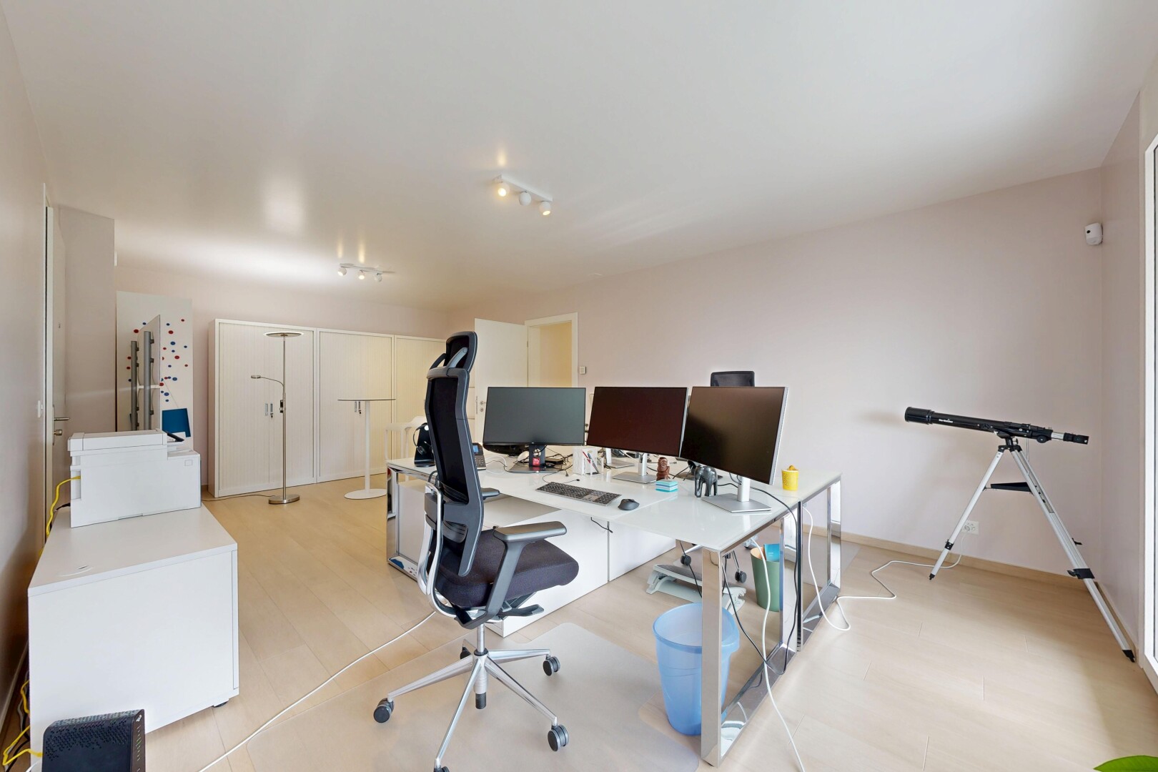 office featuring light wood-type flooring and track lighting