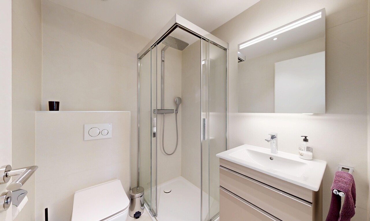 full bathroom with vanity and a stall shower