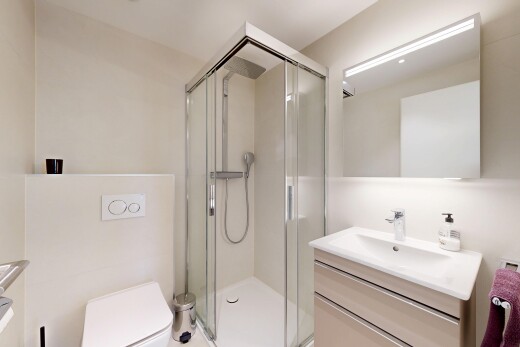 salle de bains avec lavabo (ou coiffeuse selon le contexte), salle de bain complète, douche, miroir, et inside property