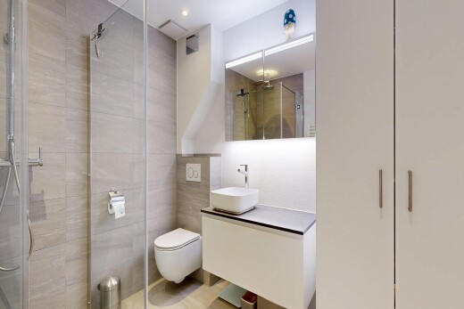 full bathroom with vanity and a stall shower