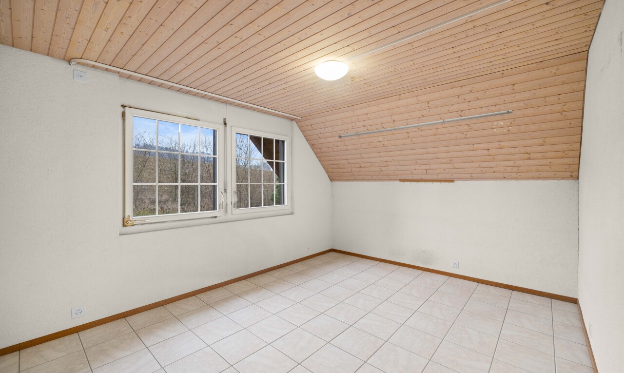 leerer raum mit natürliches licht, natural light, dachschräge, vaulted ceiling, und holzdecke