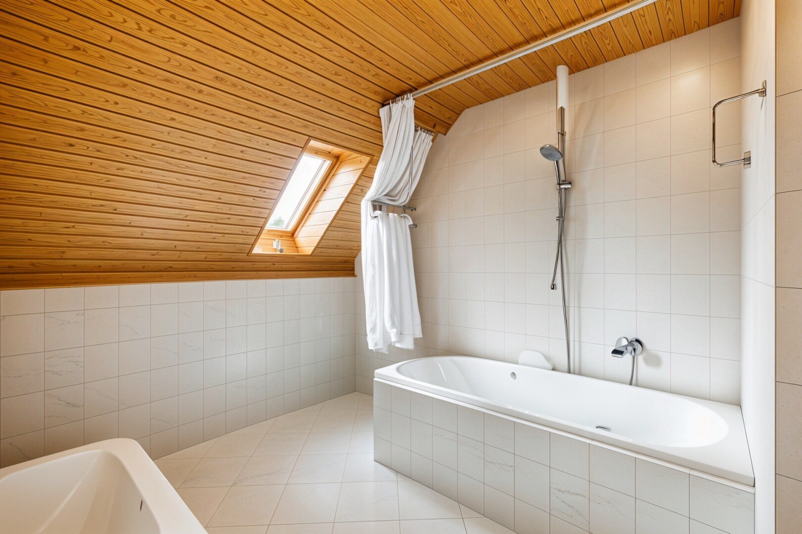 salle de bains avec mur en carrelage, tile wall, tile tub, sol en carrelage, et tile floor