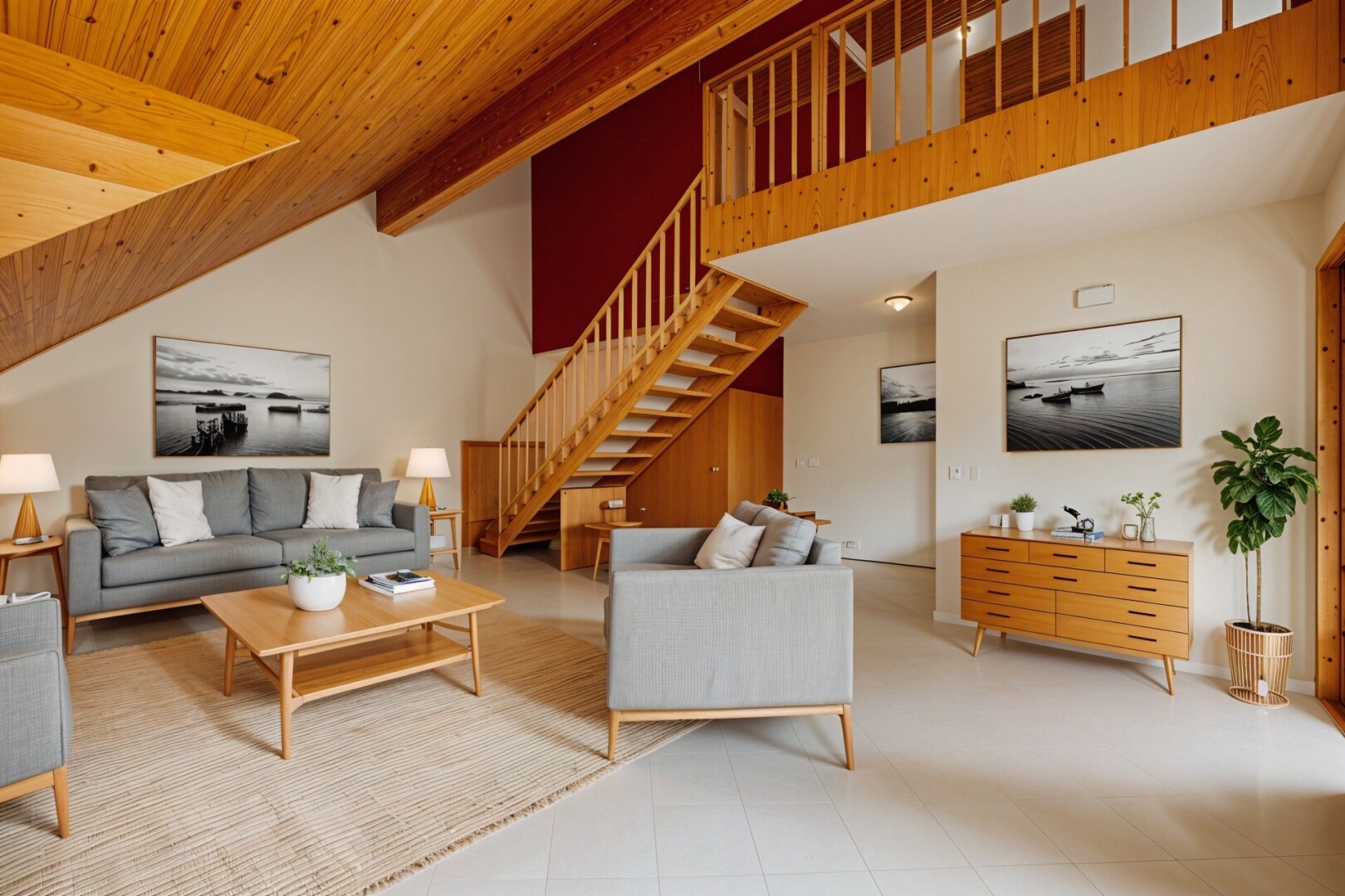 pièce vide avec plafond en bois, wood ceiling, escaliers, cloison sèche, et drywall