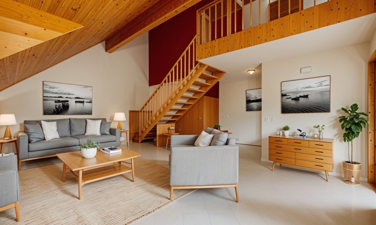 pièce vide avec plafond en bois, wood ceiling, escaliers, cloison sèche, et drywall