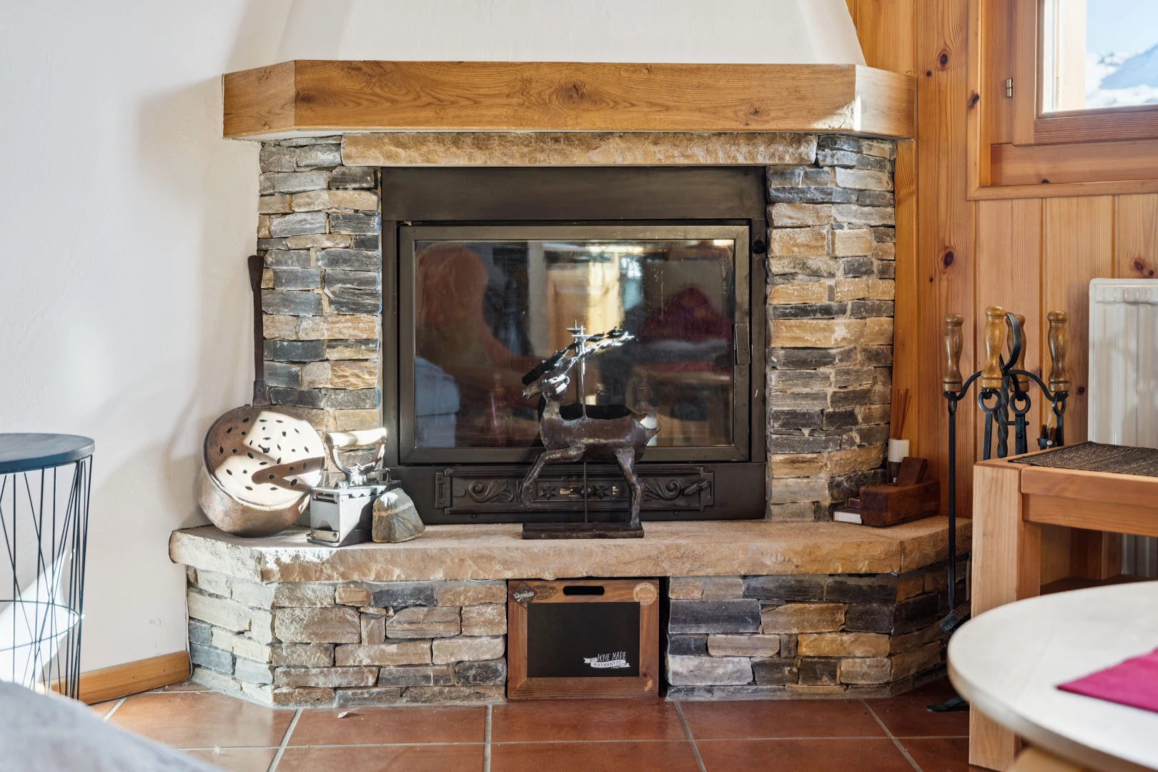 detailed view of a stone fireplace