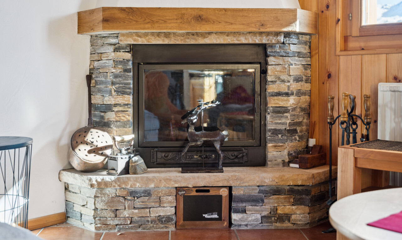 detailed view of a stone fireplace