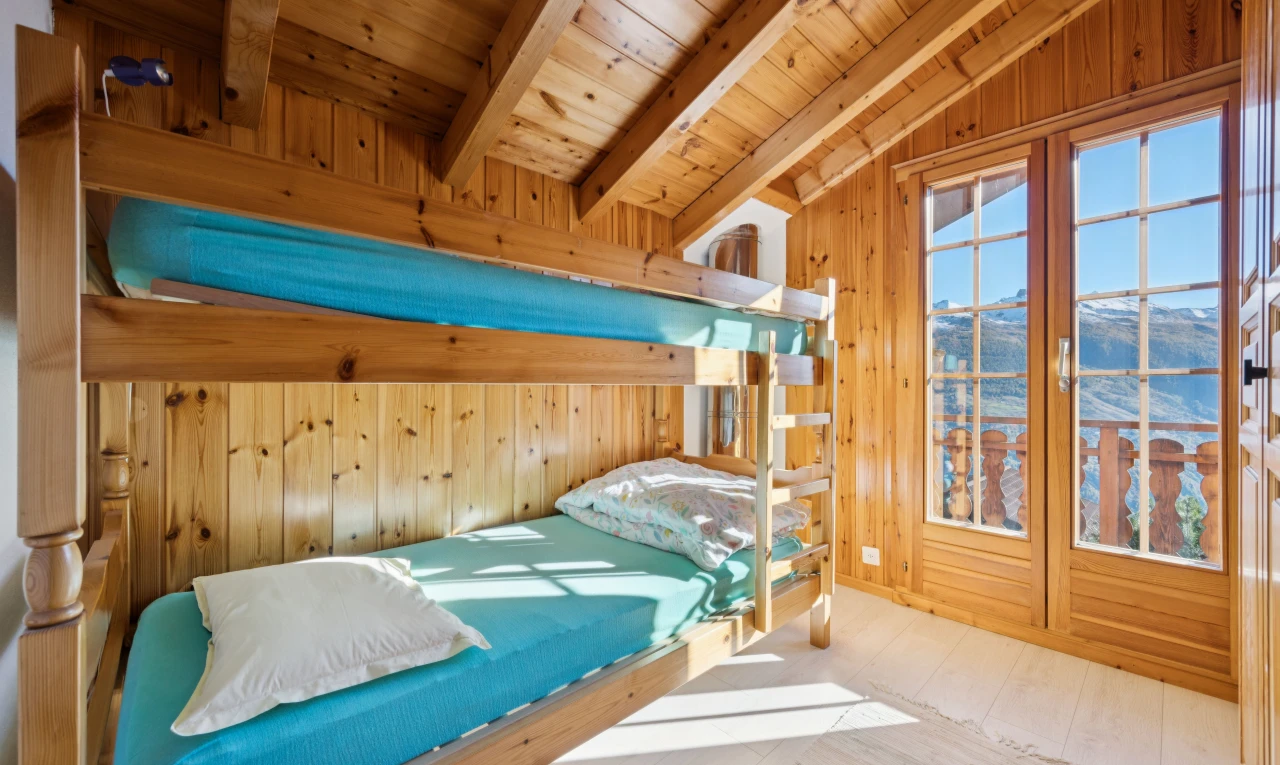 room / bedroom with lofted ceiling with beams, wood ceiling, light wood finished floors, and wooden walls