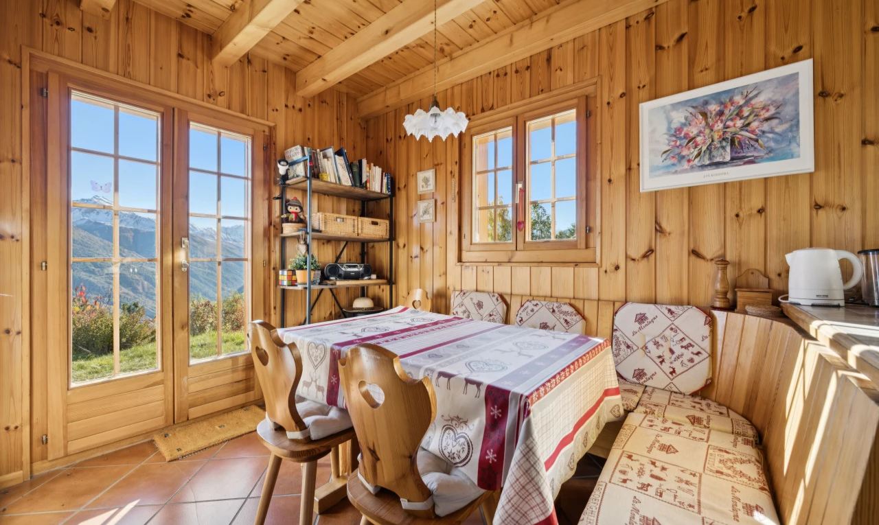 dining area featuring wooden walls, a wood ceiling with exposed beams, a mountain view, french doors, and tile patterned flooring
