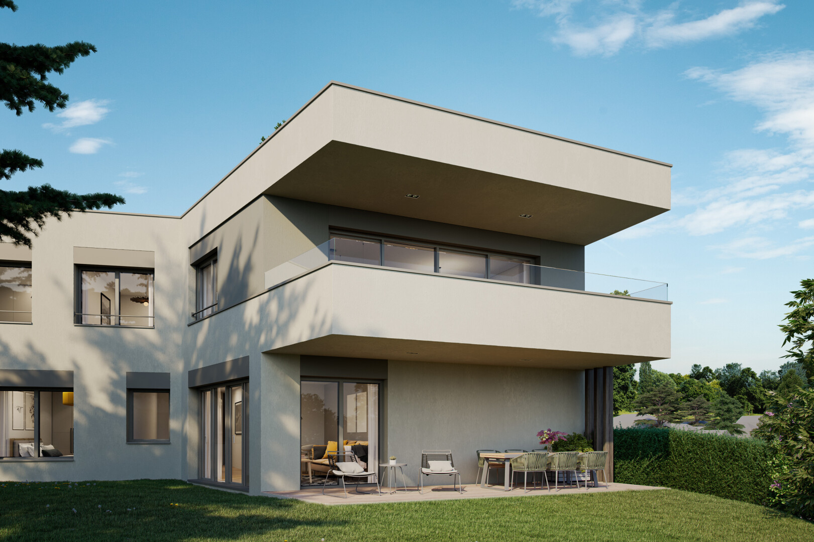 außenansicht mit terrasse, balkon, rasen, day time, und stuckverkleidung