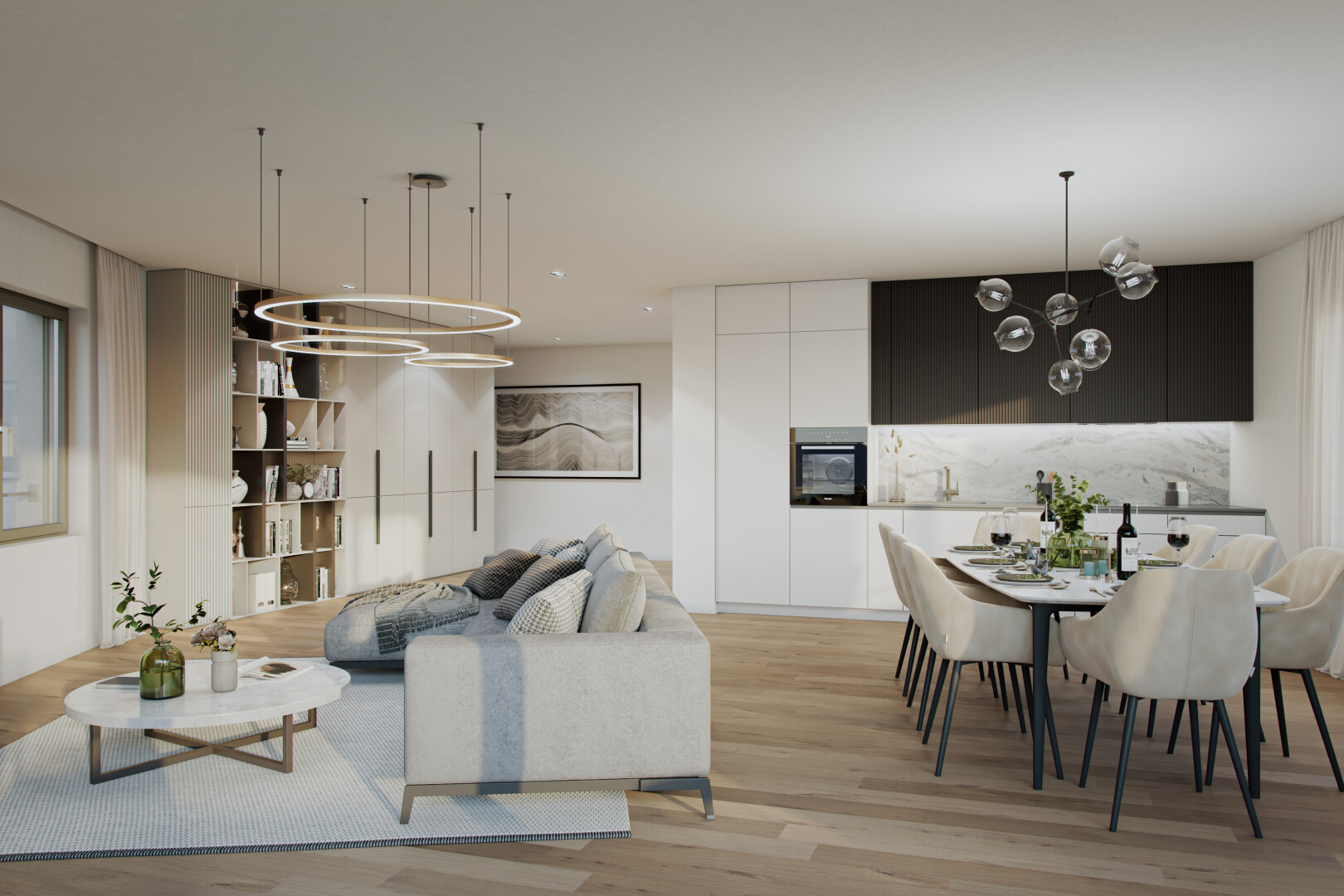 wohn- / esszimmer mit bemerkenswerter kronleuchter, holzfußboden, wood finish floor, light floor, und gipskartonwand