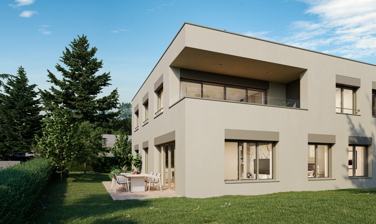 außenansicht mit rasen, terrasse, stuckverkleidung, rendered, und day time
