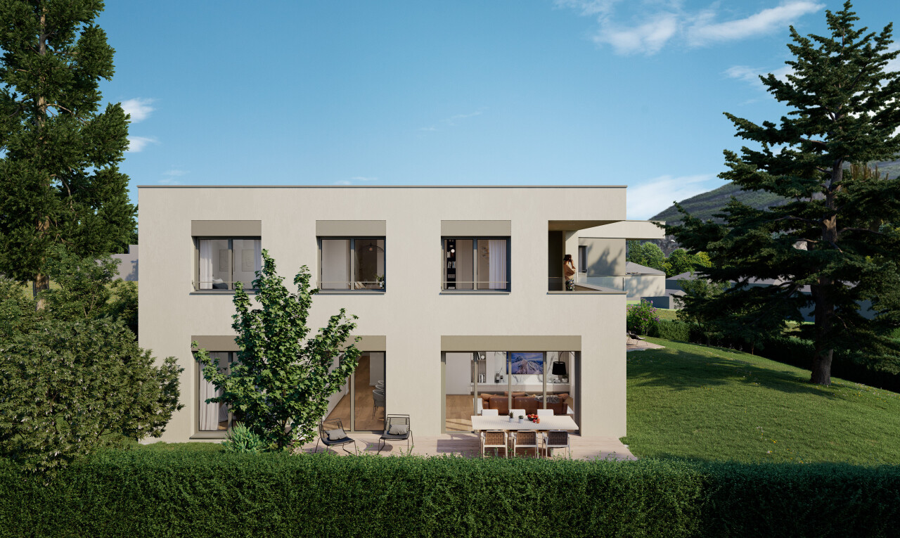 außenansicht mit day time, rendered, stuckverkleidung, rasen, und terrasse