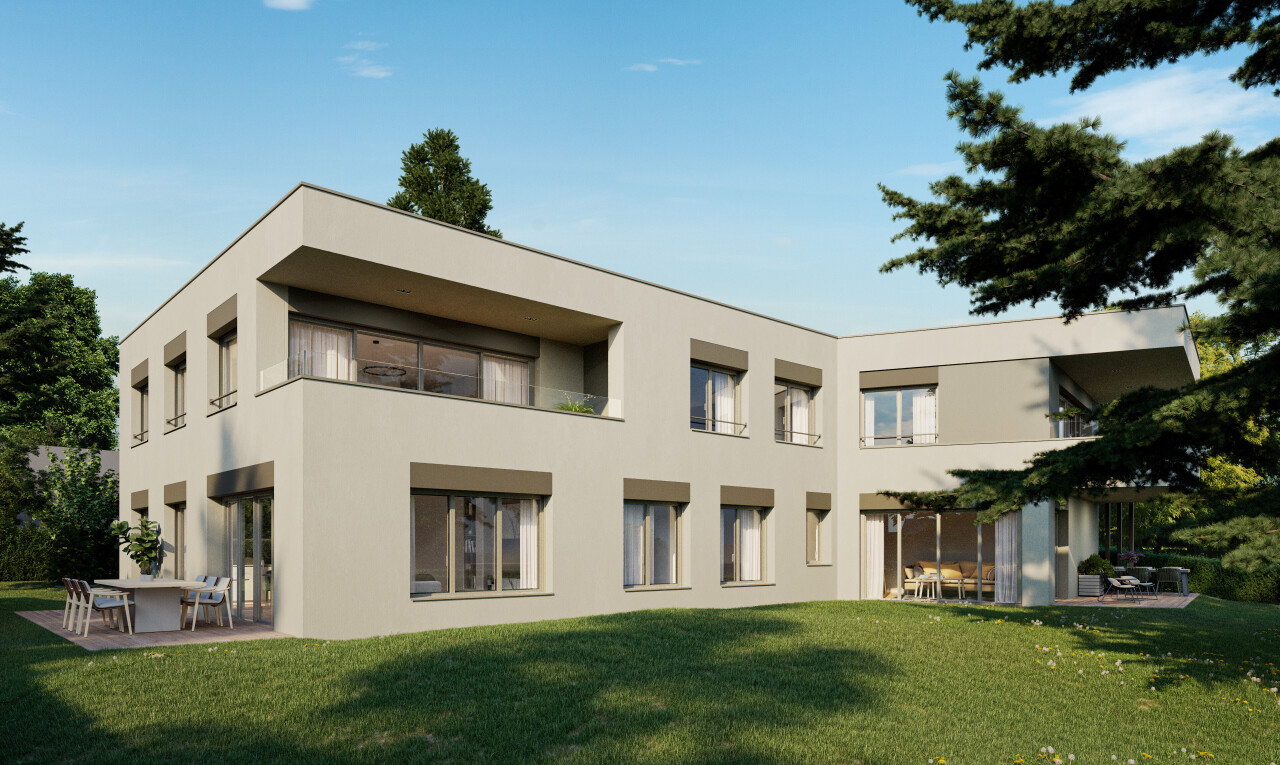 außenansicht mit terrasse, rasen, stuckverkleidung, day time, und from community