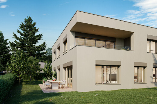 außenansicht mit rasen, terrasse, stuckverkleidung, rendered, und day time