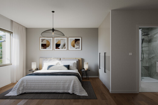 chambre avec inside property, cloison sèche, drywall, sol en finition bois, et wood finish floor