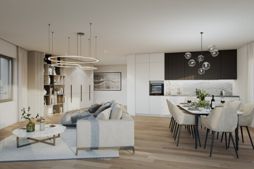 wohn- / esszimmer mit bemerkenswerter kronleuchter, holzfußboden, wood finish floor, light floor, und gipskartonwand