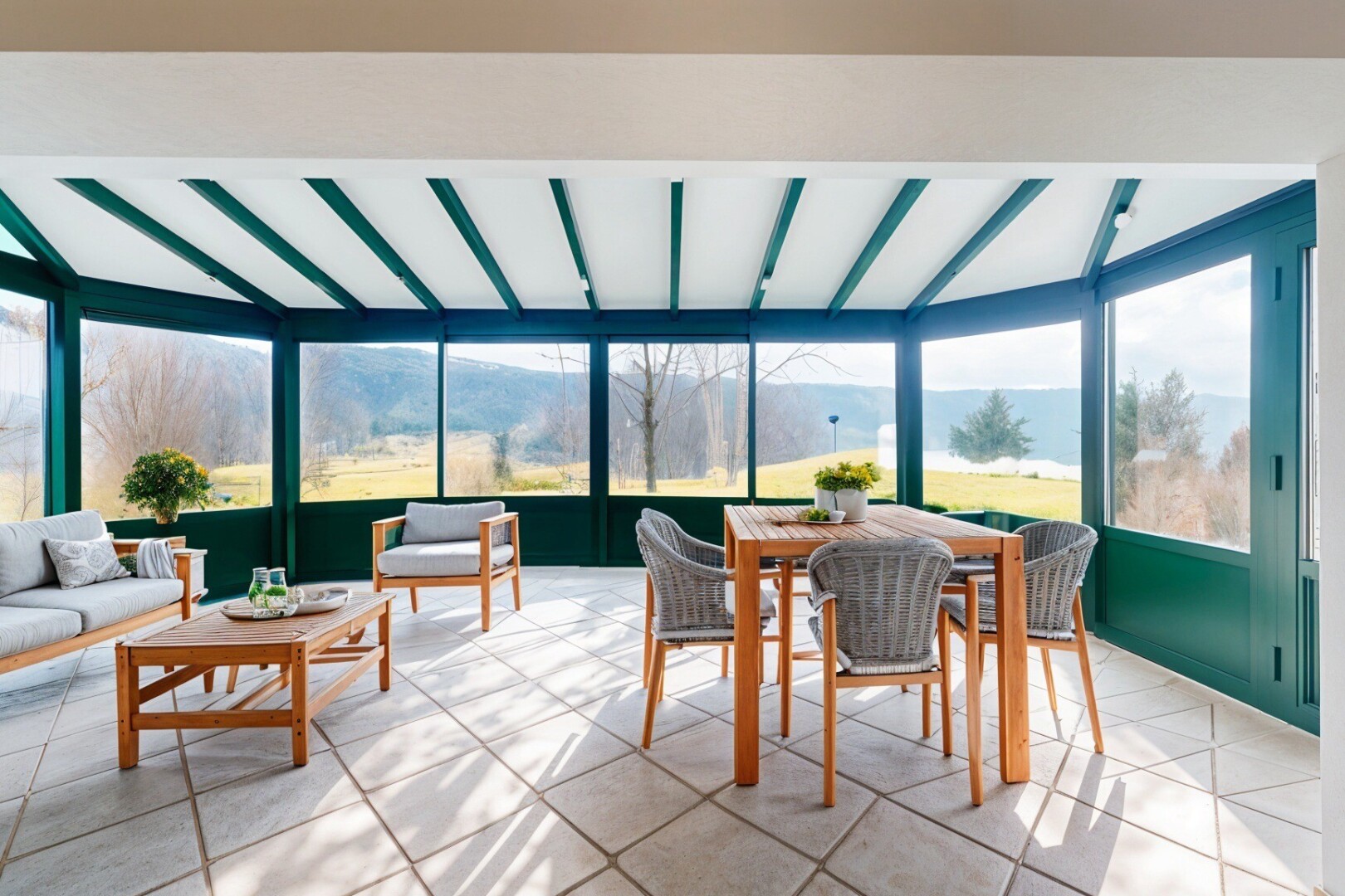 salon / salle à manger avec véranda, natural light, lumière naturelle, mountain view, et vue sur la montagne