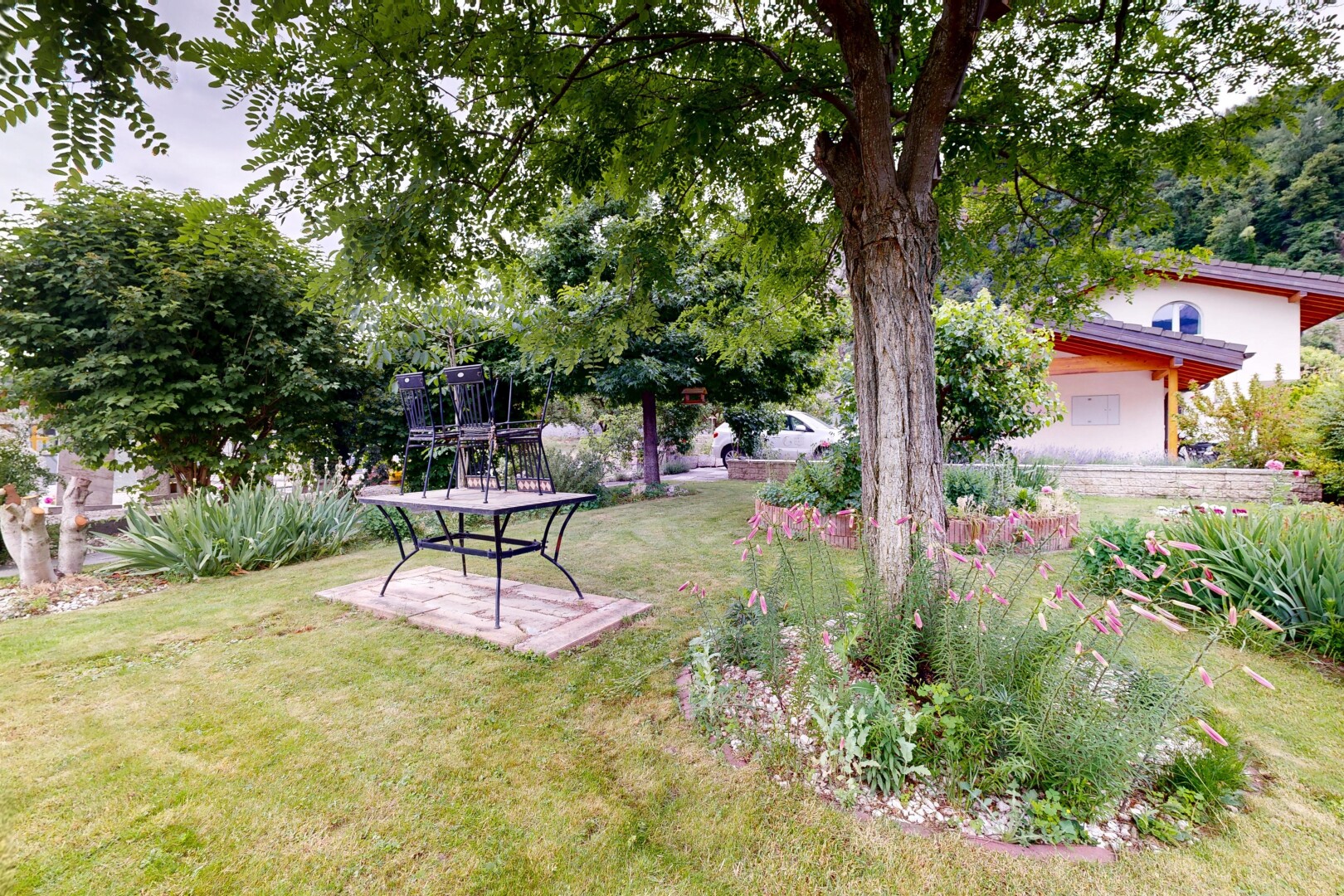 garten mit rasen, terrasse, und overcast
