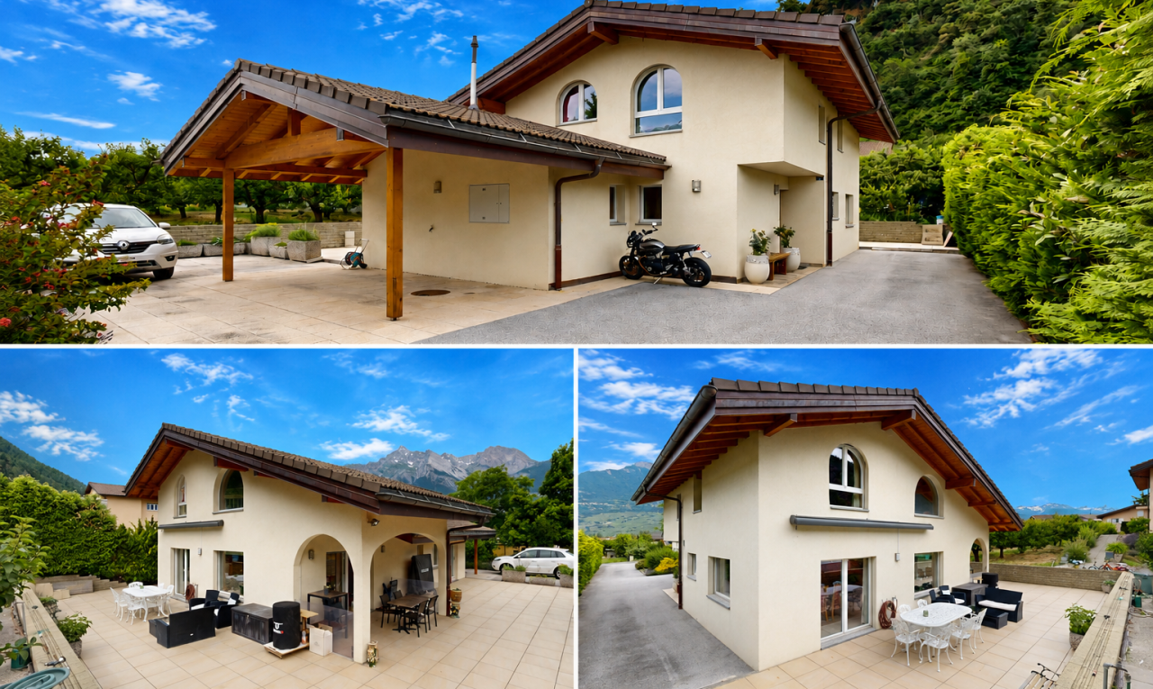 außenansicht mit essbereich im freien, wohnraum im freien, terrasse, day time, und collage