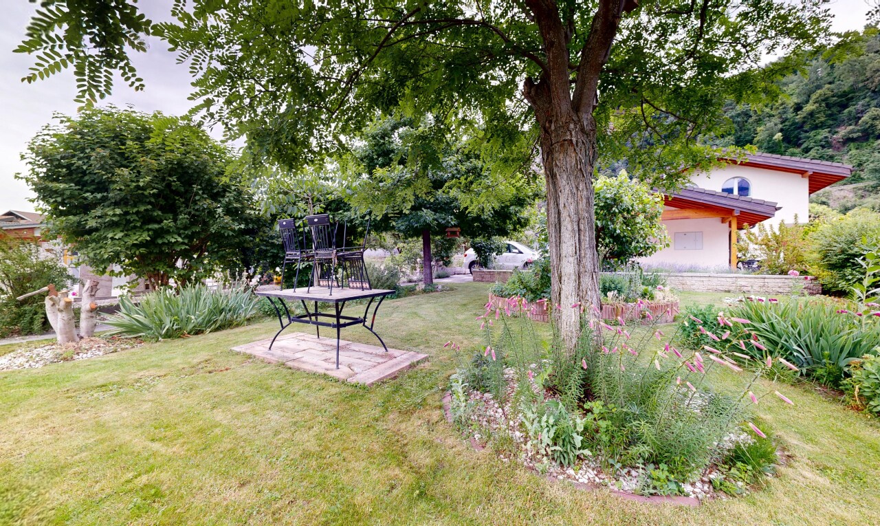 garten mit rasen, terrasse, und overcast