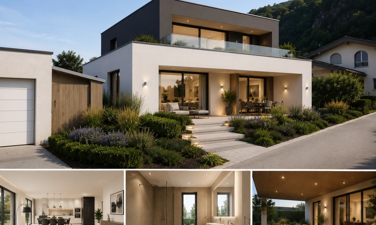 façade avec terrasse, bardage en stuc, coin repas extérieur, collage, et property visible