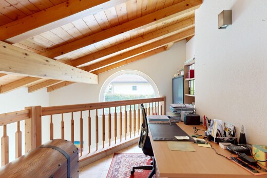 office space with vaulted ceiling with beams and wooden ceiling