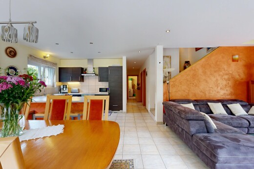 living / dining area with light tile patterned floors and recessed lighting