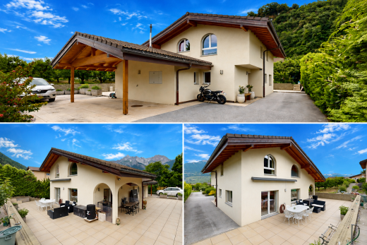 view of home with a patio, a mountain view, and stucco siding