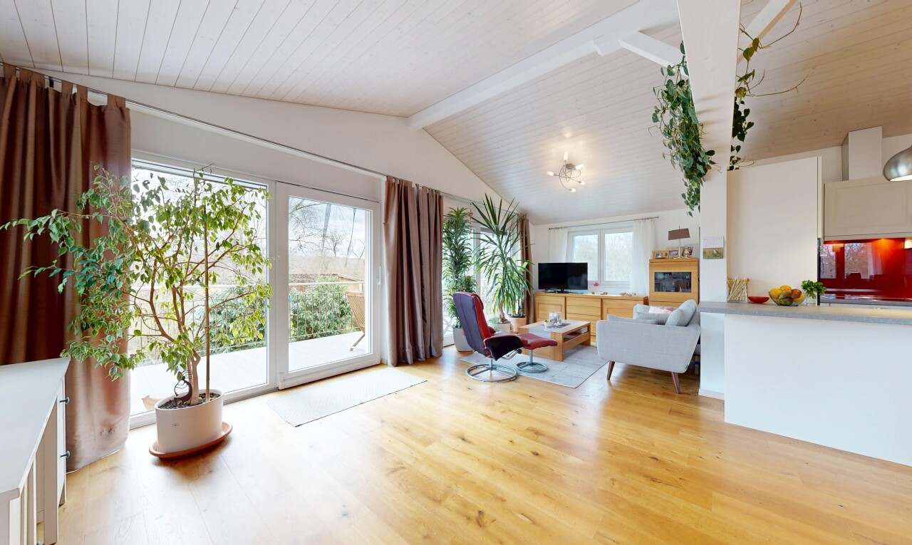 salon avec inside property, vaulted ceiling, plafond voûté, natural light, et lumière naturelle