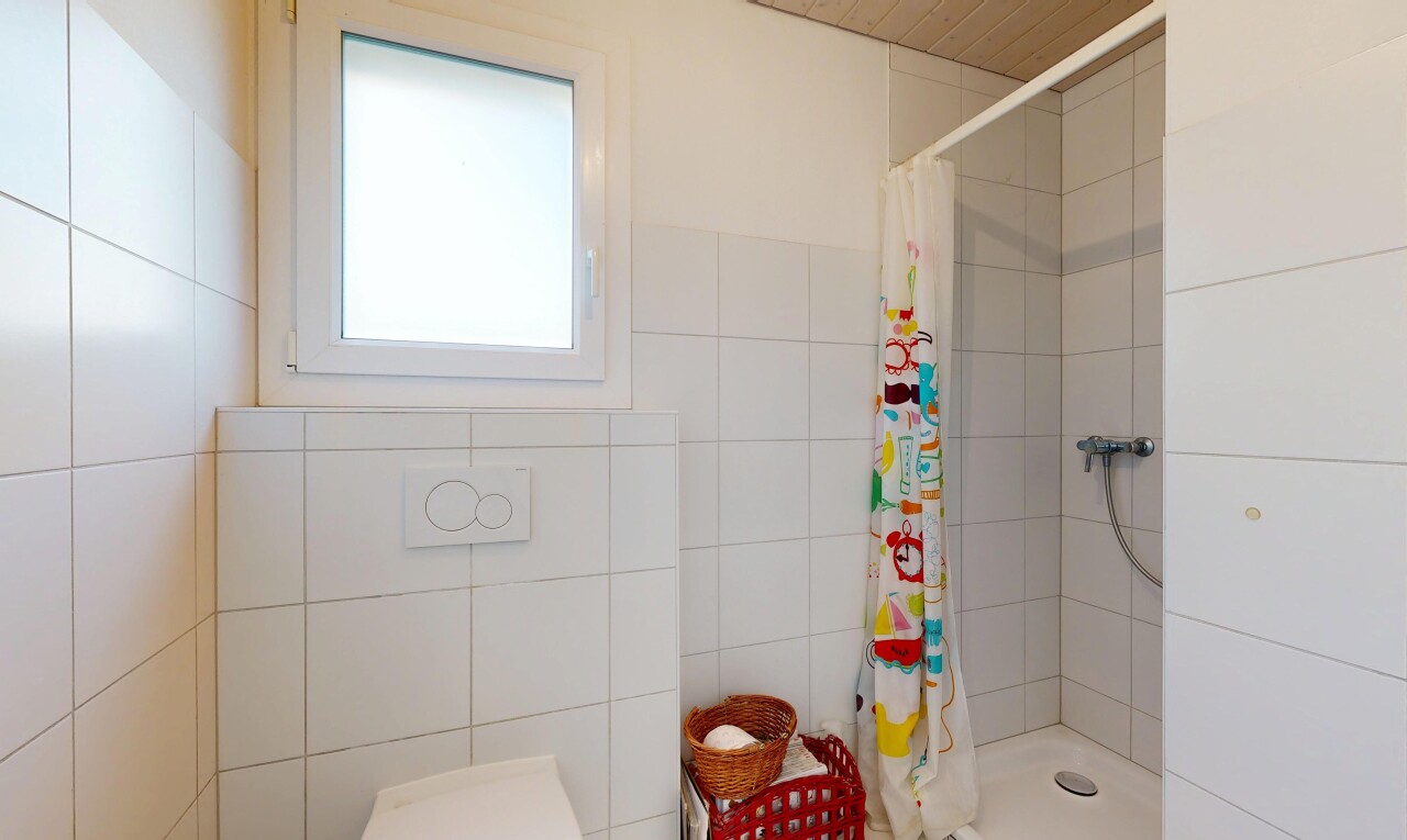 salle de bains avec douche, salle de bain complète, natural light, lumière naturelle, et inside property