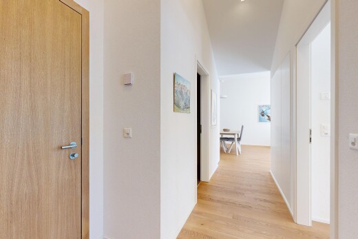 couloir avec sol en finition bois, wood finish floor, inside property, cloison sèche, et drywall