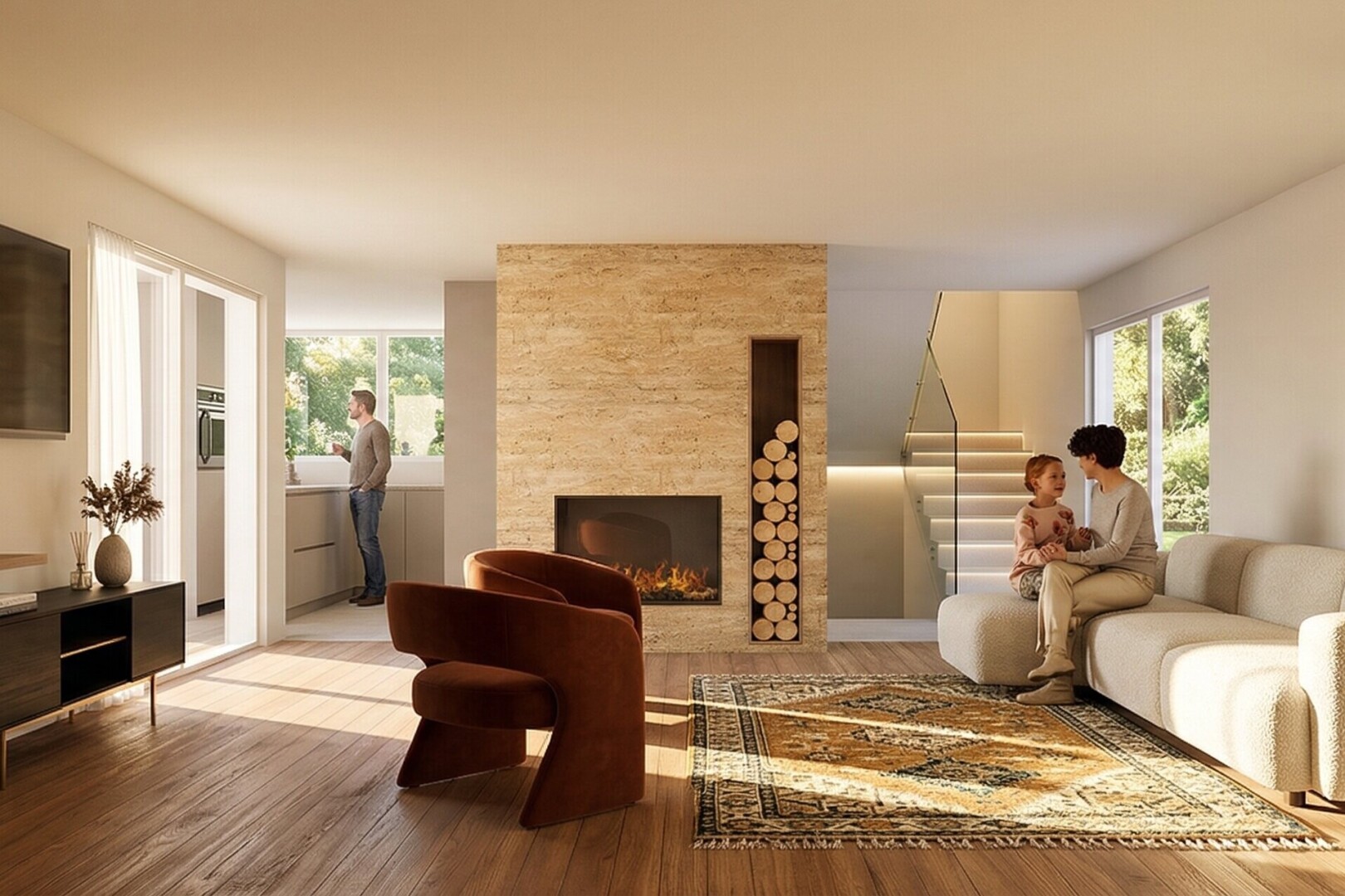 salon avec rendered, inside community, cheminée, wood finish floor, et sol en finition bois
