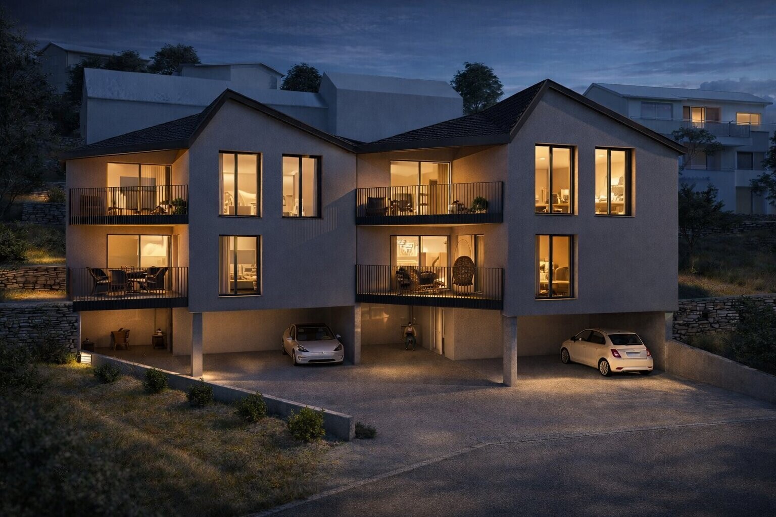 façade avec abri de voiture intégré, balcon, rendered, property visible, et bardage en stuc
