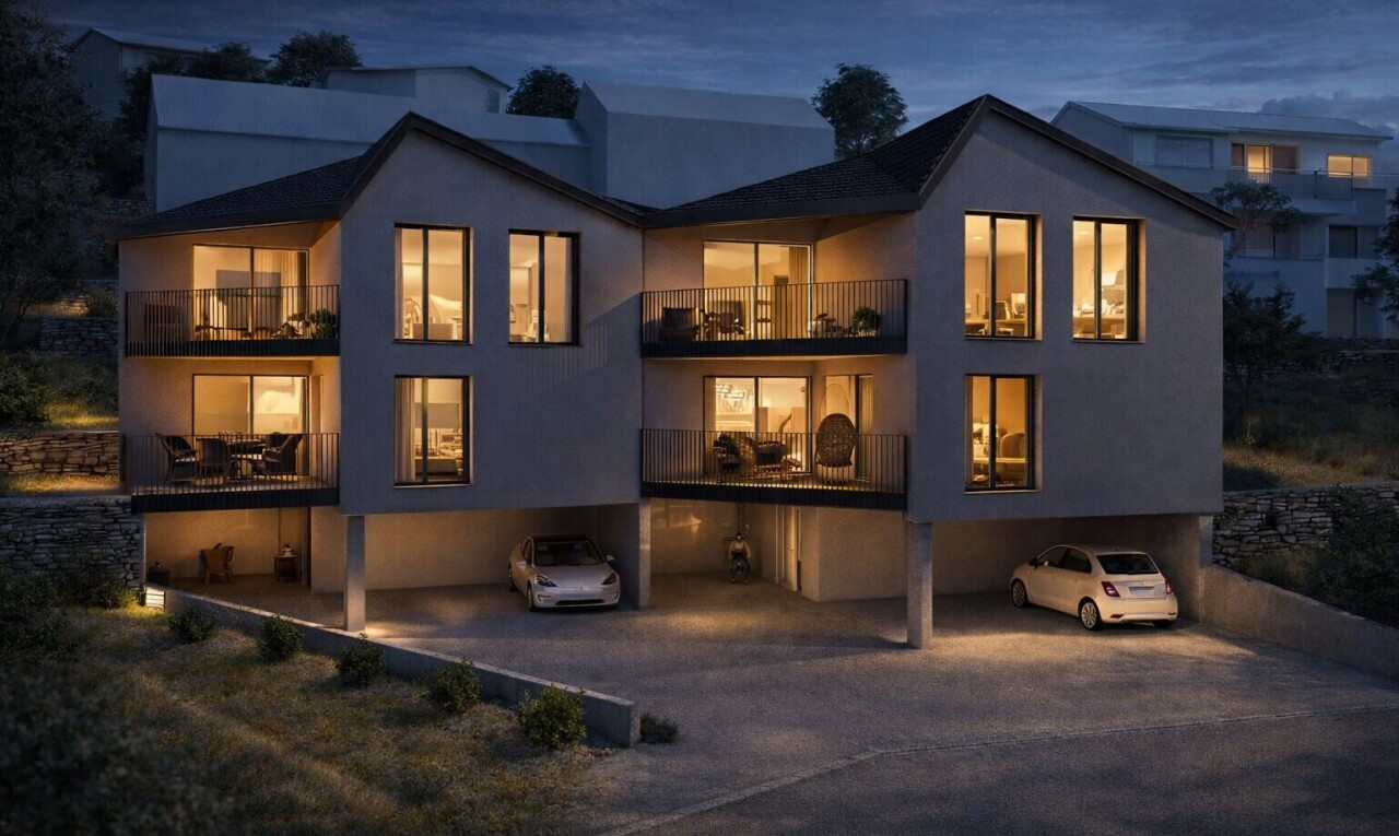 façade avec abri de voiture intégré, balcon, rendered, property visible, et bardage en stuc