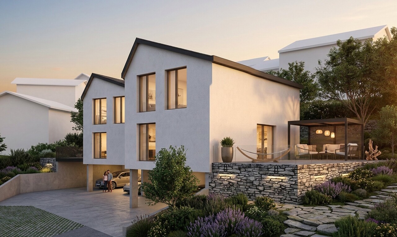 façade avec terrasse, dusk, rendered, property visible, et abri de voiture intégré