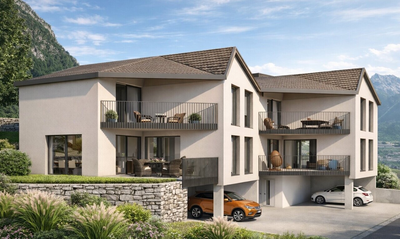 façade avec balcon, bardage en stuc, rendered, from community, et day time